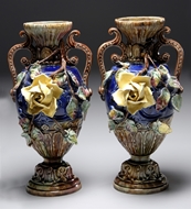 Picture of A pair of Continental Majolica two handled vases