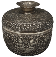 Picture of An intricately carved Burmese silver box with lid