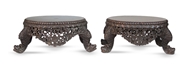 Picture of A RARE SET OF ROSEWOOD HEAVILY CARVED OVAL STOOLS AND AN ACCOMPANYING COFFEE TABLE