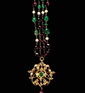 Picture of PEARL, EMERALD AND SPINAL MALA WITH A DIAMOND PENDANT